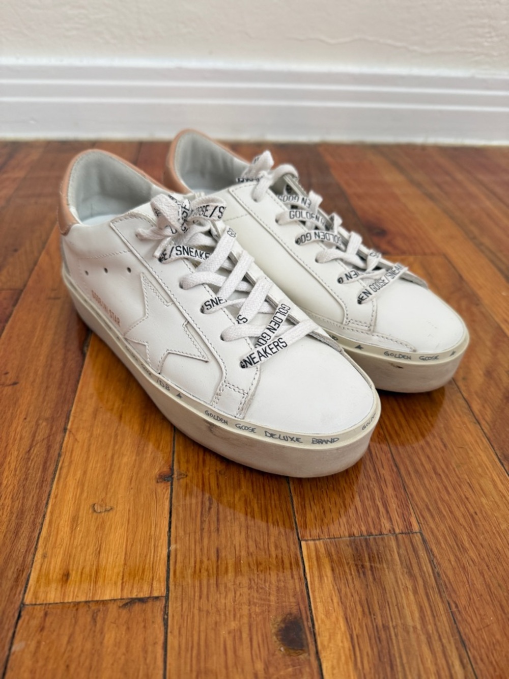 Golden Goose Hi Star White Leather Low-Top Sneakers with Tan Heel Accent